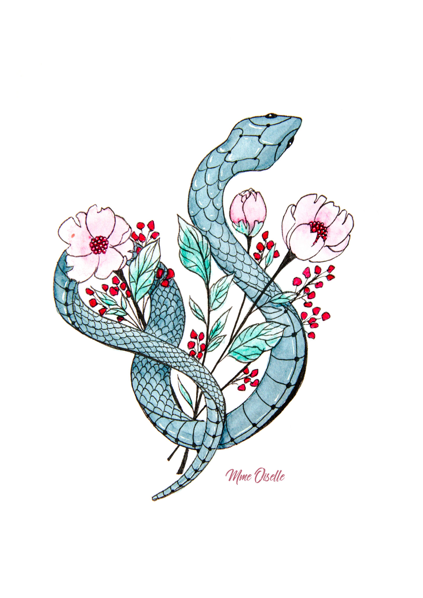 illustration aquarelle serpent tatouage fleuri